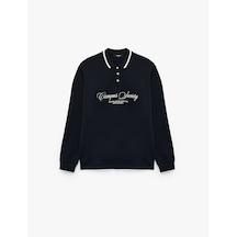 Koton Uzun Kollu Şardonlu Nakışlı Renk Kontrastlı Düğmeli Polo Yaka Sweatshirt Lacivert 7wam70266mk