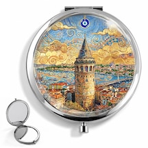 Makyaj Aynası Galata Kulesi İstanbul Tasarımlı El Aynası Cep Aynası Kişiye Özel Hazırlanabilir Yuvarlak Seyahat Aynası Çok Renkli
