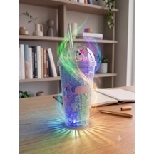 Işıklı Unicorn Ve Flamingo Desenli Çift Katmanlı Jel Buzlu Pipetli Bardak - 450ml - Renk Değiştiren Led Tabanlı '