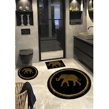 Fil Desenli Kaymaz, Dökülmez Pamuk Taban Yuvarlak Banyo Halısı-(100X100-60X60-40X60 Cm 3'Lü Set) Çok Renkli