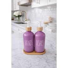 Makri Home Bambu Altlıklı Bambu Kapaklı İkili Cam Sıvı Sabunluk & Deterjanlık Seti 2 500 Ml- 16,5 X 9 X 21 Cm Lila