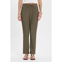 Tudors Kadın Regular Fit Klasik Kesim Pamuklu Beli Bağcıklı Desenli Çift Cepli Haki Pantolon-50628