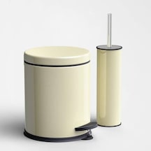 Metal 5 Litre Pedallı Çöp Kovası Ve Wc Fırçası Set Krem