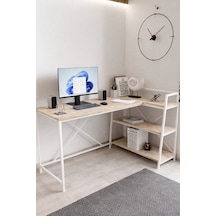 Merkür Renk Raflı Çift Yöne Uygun, Bilgisayar Masası, Ofis Masası, Çizim Masası, L Masa Merkür/beyaz