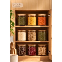 Porsima 1-3 Bambu Vakumlu Kapaklı Yuvarlak Borosilikat Cam 9lu Kavanoz Seti Saklama Kabı 750ml 10x12cm