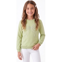 Onloox Kız Çocuk Fıstık Yeşili Kız Çocuk Fıstık Yeşili Pamuklu Bisiklet Yaka Uzun Kollu İncili Taşlı Sweatshirt 7-12 Yaş