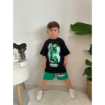Miniko Kids Erkek Çocuk Mınecraft Pamuk Desenli Şortlu Takım Yeşil