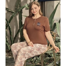 Modalove Kadın Battal Bambu Viskon Kumaş Kısa Kol Pijama Takımı Kahverengi