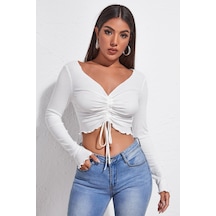 Fantezia Night Kadın Beyaz Uzun Kollu Büzdürme Bağcık Detaylı Crop Top Bluz