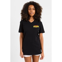 He Man Logo Siyah Kadın V Yaka Tshirt SIYAH