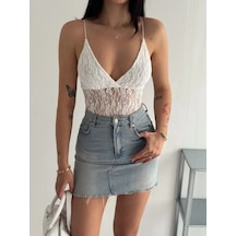 Modi Green Dantel Detaylı Derin Dekolte Body Şık Kolsuz Yazlık Bodysuit - Be Beyaz