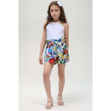 Riccotarz Kız Çocuk Renkli Flower Baskı Ve Halter Yaka White Bluz Şortlu Takım 001
