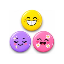 Smiley Gülüş Ve Çiçekler - 3 Lü 58mm Rozet Seti Çok Renkli