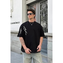 Erkek Kısa Kol Tişört Bisiklet Yaka Yıldırım Baskılı Oversize T-shirt - Siyah