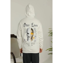 Oversize Üç İplik Şardonlu Kapüşonlu Sweatshirt Beyaz Other Lives Ön Ve Arka Baskılı, Kanguru Ce