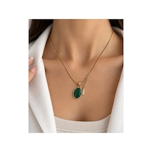 316l Çelik Gold Kadın Kolye Yeşil Oval Taşlı Minimal Kolye Altın Altın