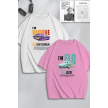 Unisex Kadın Erkek Ramone,flo Layd Ve Gentleman Baskılı Sevgili Çift Kombini Tasarım Oversize Tshirt Beyaz Pembe Mck0506 Beyaz Pembe