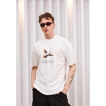 Unisex Bisiklet Yaka Baskılı Oversize T-shirt - Siyah Beyaz