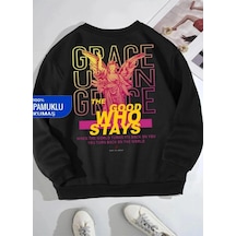 Startmore Siyah Oversize Goog Grace Baskılı Pamuklu Kapşonsuz 0 Yaka Unisex Sweatshirt Siyah