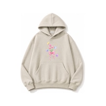 Herkesemoda Lale Çiçek Baskılı Kapüşonlu 2 İplik Şardonlu Sweatshirt Bej
