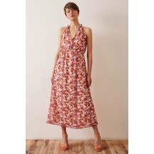 Never More Çiçek Desenli Askılı Elbise Krem