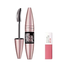 Maybelline New York Lash Sensational Yelpaze Etkili Intense Black Maskara - Ekstra Siyah 9.5 Ml & Mini Super Stay Matte Ink Likit Mat Ruj - 15 Lover Makyaj Seti 00