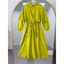 Lovie Moda Beli Lastikli Gold Toka Detaylı Tesettür Elbise Yağ Yeşili Yeşil