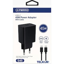 Ferro S45 Siyah 45w Usb-c Çıkışlı Süper Hızlı Şarj Adaptör Başlık - Typec & Typec 1m Kablo Seti