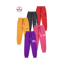 5'li Baskı Detaylı Paçası Lastikli Jogger Kız Çocuk Eşofman Altı Kırmızı-füme-sarı-fuşya-mor