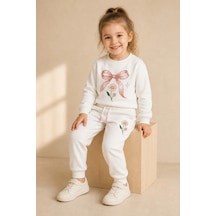 Rony Pony Kids Kız Çocuk Ekru Fiyonk Ve Papatya Baskılı 2 İplik Sweatshirt Eşofman Takımı Beyaz
