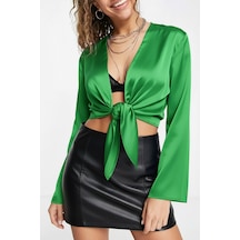Fashion Cocktail Saten Önden Bağlamalı Dekolte Sexy Gece Kokteyl Kombin Uzun Kol Krop Bluz Yeşil