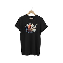 Fishing Balıkçılık Baskılı Olta Ile Alabalık Avı %100 Pamuk Regular Fit Siyah T-shirt Siyah