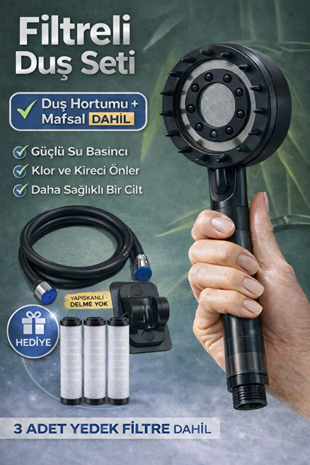 Filtreli Duş Başlığı 3 Yedek Filtre Hortum Mafsal Yüksek Basınçlı Siyah