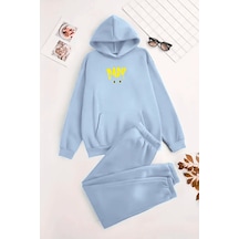 Unisex Kapüşonlu Bebemavi Eşofman Takımı Dark Cat Baskılı- Kışlık Şardonlu Kumaş Bebe Mavi