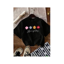 Medinenur Renkli Çiçekler Baskılı Basic T-shirt Siyah