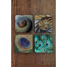 Baskılı Doğal Taş Bardak Altlığı 4'lü Set 10x10x1 Cm - Doğal Desenler - Stone Coasters Çok Renkli