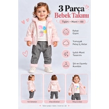 Ahengim Kız Bebek 3 Parça Takım Peluş Detaylı Kapüşonlu Parlak Mont Baskılı Üst Desenli Pantolon Ak1019 Pembe