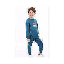 Toontoy Kids Toontoy Erkek Çocuk 2'li Takım Baskılı Bisiklet Yaka Sweatshirt & Beli Paçası Lastikli Jogger Eşofman Altı - Biye Detaylı 2 İplik Petrol Mavi