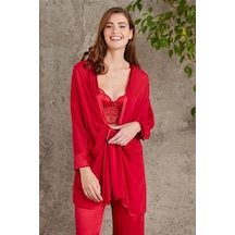 Pierre Cardin 7025 Kadın Kırmızı 4'lü Saten Takım Gelin Set Kırmızı