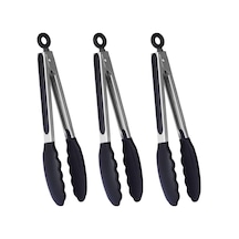 Pratik Mutfak Maşası Silikon Pişirme Maşası Barbekü Maşası, 3'lü Set Siyah