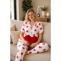 Rindahomewear Büyük Beden Kalp Desenli Milan Düğmeli Pijama Takımı Beyaz