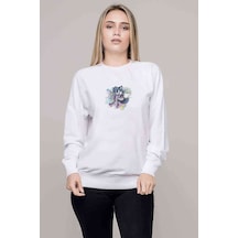 Cat Illustration Computer Lovely Prawn Baskılı Beyaz Kadın Sweat