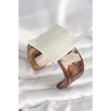 Kahverengi Mermer Desen Akrilik Plastik Gümüş Kare Plaka Model Vintage Kadın Bilezik Çok Renkli