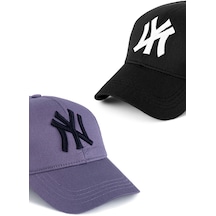 Unisex 2'li Set Ny Gri ve Siyah Renk Beyaz Logo New York Beyzbol Şapka - Unisex