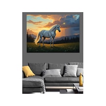 Gün Batımında Çayırda Beyaz At Yağlı Boya Dokulu Kanvas Tablo Canvas Tablosu