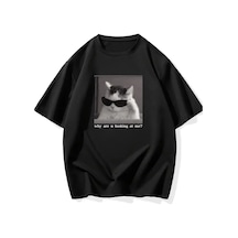 Erkek T-shirt Komik Kedi Baskılı Kısa Kol Tişört - Siyah