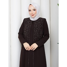 Eslemnur Sarmaşık Taşlı Büyük Beden Anne Elbisesi Kahverengi