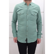 Becces Dmctekstil Erkek 011-001 Düz Spor Kesim Dar Kalıp Çift Cepli Uzun Kollu Yazlık Keten Gömlek Haki