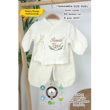 Gros Shop Müslin Yeni Doğan 4katlı Organik %100pamuk Kişiye Özgü Nakışlı Hastane Çıkış Seti Aslan Model-2 Ekru