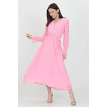 Neşeli Butik Kadın Kuşaklı Pudra Uzun Şifon Elbise Kts003 Pudra